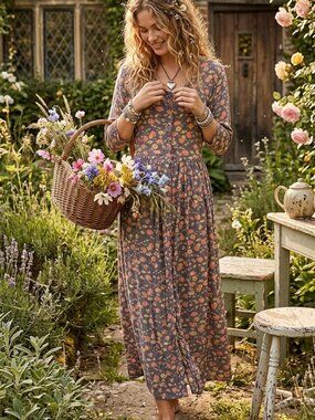Vintage 90s Two Roads Blue Floral Button Up Rayon Maxi Dress Small